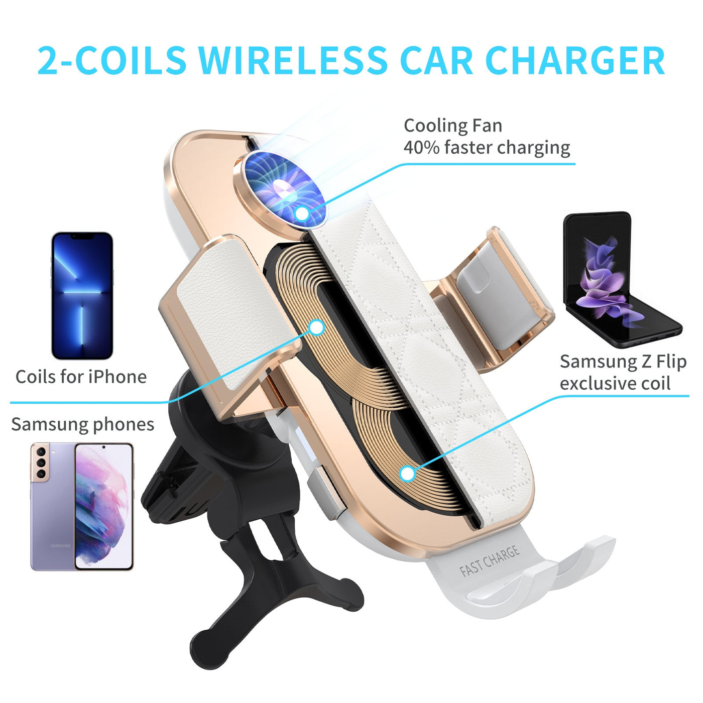 Auto-Clamping Fast Wireless Car Charger with Cooling Fan for Samsung Galaxy Z Flip 4