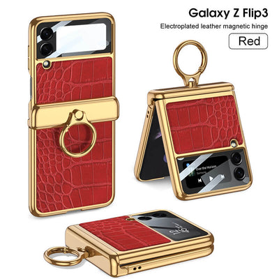 Electroplated Leather Magnetic Hinge Ring Holder Case For Galaxy Z Flip3