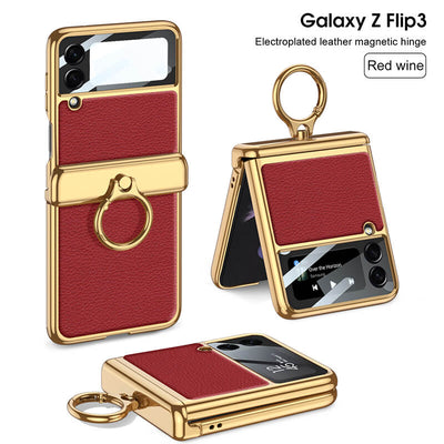 Electroplated Leather Magnetic Hinge Ring Holder Case For Galaxy Z Flip3