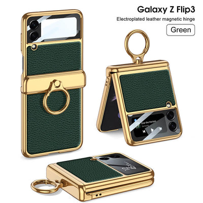 Electroplated Leather Magnetic Hinge Ring Holder Case For Galaxy Z Flip3