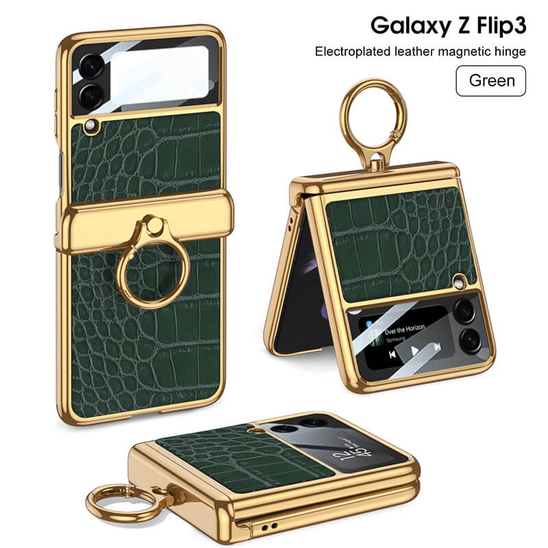 Electroplated Leather Magnetic Hinge Ring Holder Case For Galaxy Z Flip3