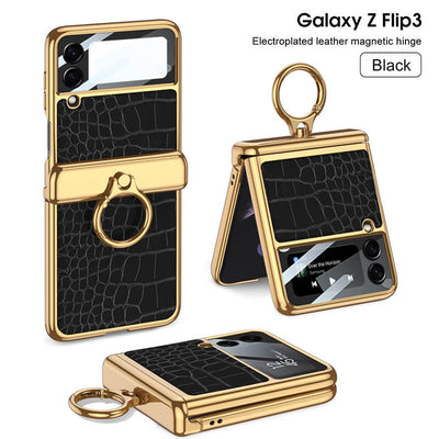 Electroplated Leather Magnetic Hinge Ring Holder Case For Galaxy Z Flip3