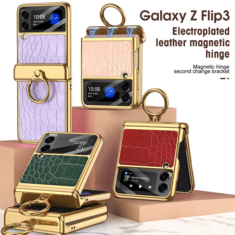 Electroplated Leather Magnetic Hinge Ring Holder Case For Galaxy Z Flip3