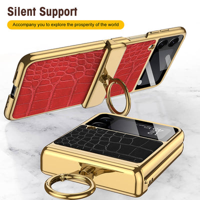 Electroplated Leather Magnetic Hinge Ring Holder Case For Galaxy Z Flip3