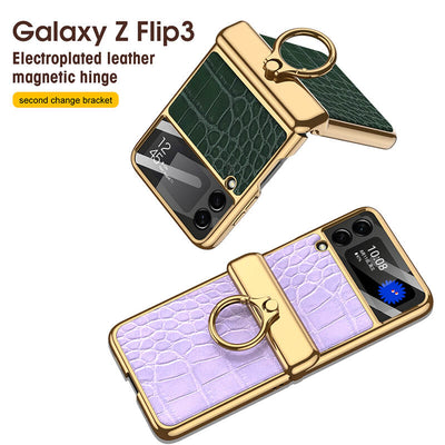 Electroplated Leather Magnetic Hinge Ring Holder Case For Galaxy Z Flip3