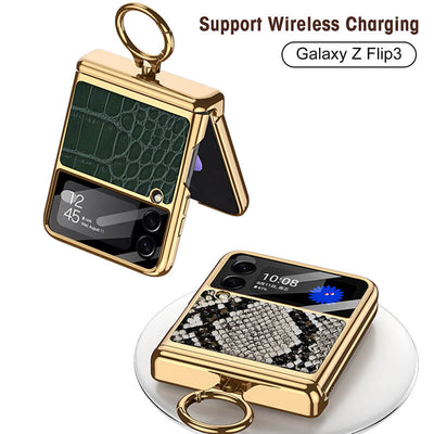 Electroplated Leather Magnetic Hinge Ring Holder Case For Galaxy Z Flip3