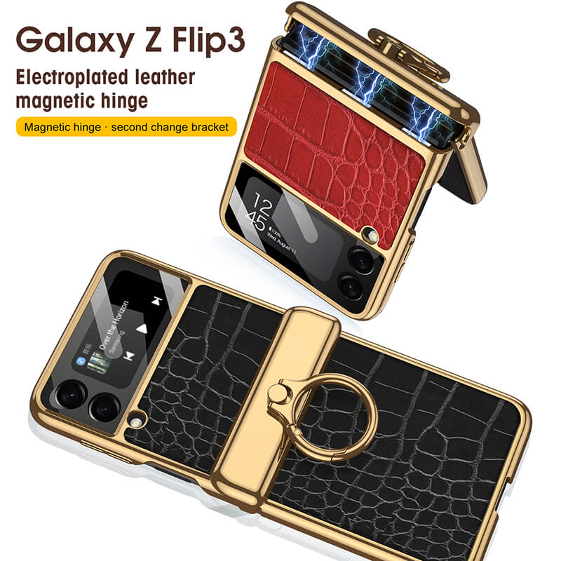 Electroplated Leather Magnetic Hinge Ring Holder Case For Galaxy Z Flip3