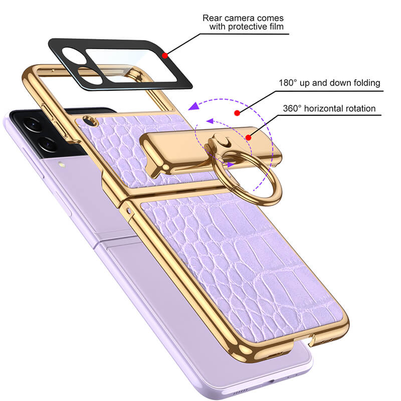 Electroplated Leather Magnetic Hinge Ring Holder Case For Galaxy Z Flip3