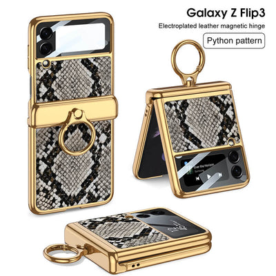 Electroplated Leather Magnetic Hinge Ring Holder Case For Galaxy Z Flip3