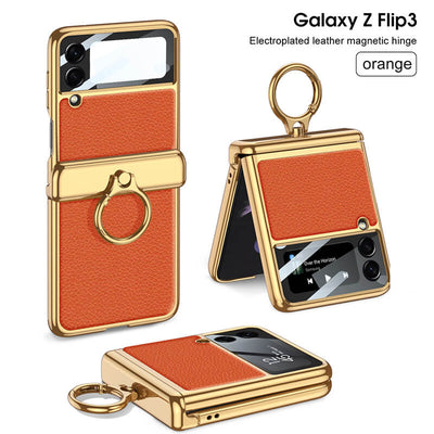 Electroplated Leather Magnetic Hinge Ring Holder Case For Galaxy Z Flip3