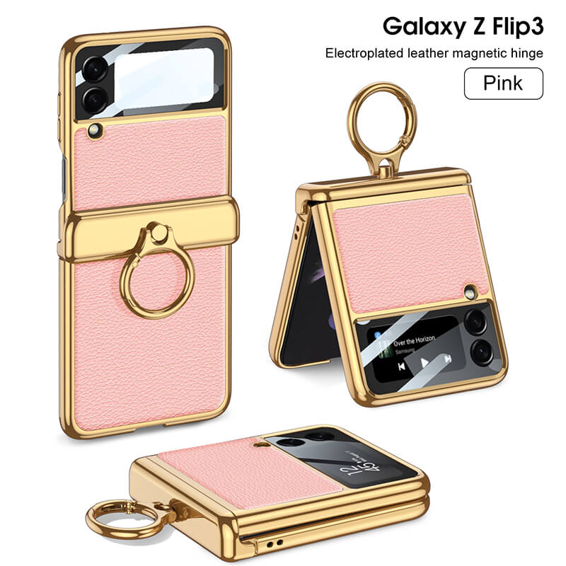 Electroplated Leather Magnetic Hinge Ring Holder Case For Galaxy Z Flip3