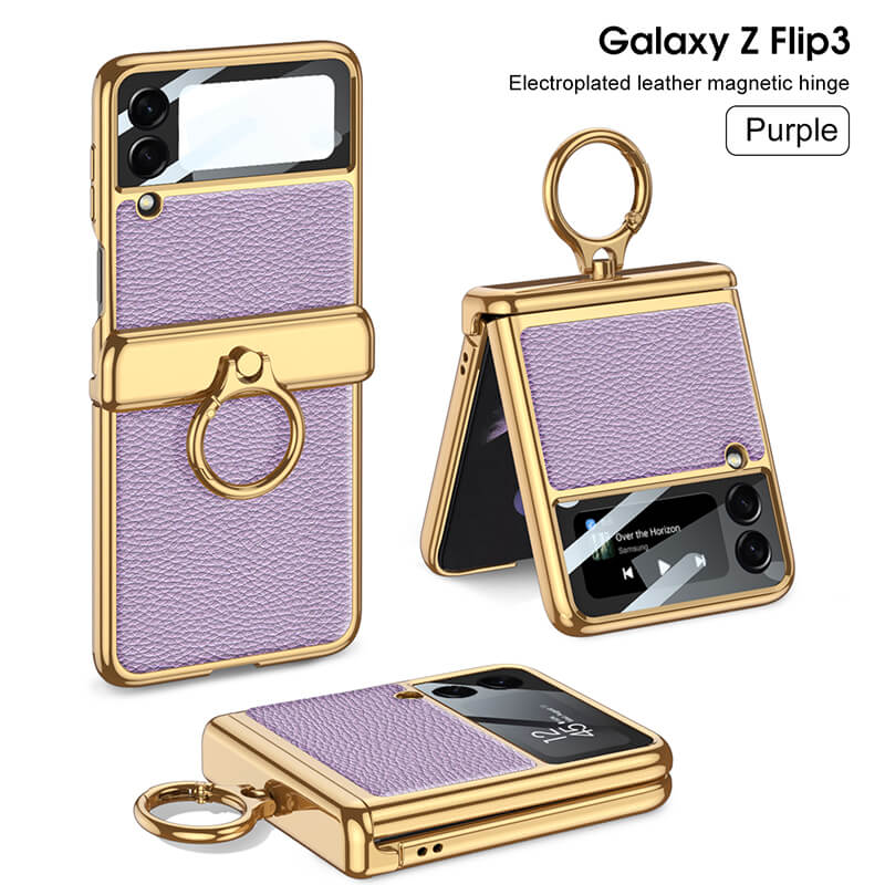 Electroplated Leather Magnetic Hinge Ring Holder Case For Galaxy Z Flip3