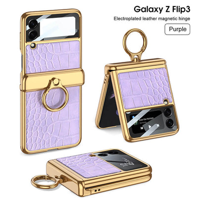 Electroplated Leather Magnetic Hinge Ring Holder Case For Galaxy Z Flip3