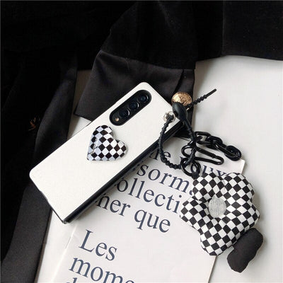Retro Checkerboard Pattern Crystal Clear Heart PU Leather Phone Case For Samsung Galaxy Z Fold 3