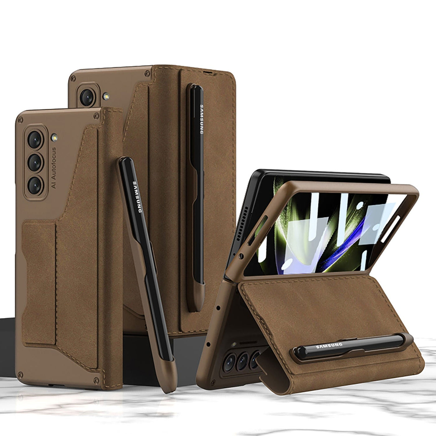 Leather Case with Detachable Pen Holder & Card Slot for Samsung Galaxy Z Fold 5