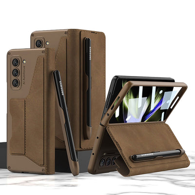 Leather Case with Detachable Pen Holder & Card Slot for Samsung Galaxy Z Fold 5