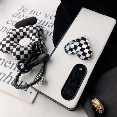 Retro Checkerboard Pattern Crystal Clear Heart PU Leather Phone Case For Samsung Galaxy Z Fold 3