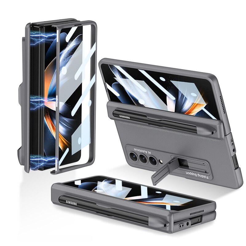 Pen Slot Case for Samsung Galaxy Z Fold 4 with Kickstand and Screen Protective Glass.