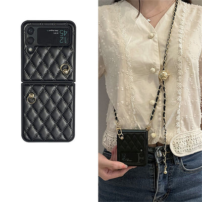 Luxury Adjustable Leather Chain Retro Rhombus Case for Samsung Galaxy Z Flip 3 5G