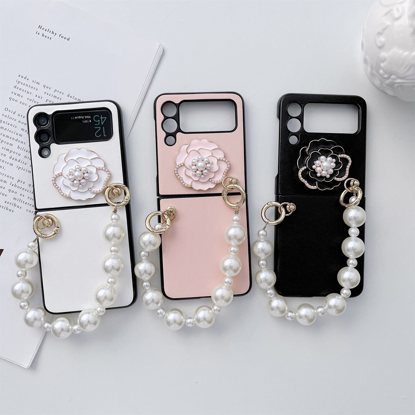 Luxury Pearl Bracelet Chain Camellia  Case for Samsung Galaxy Z Flip 4