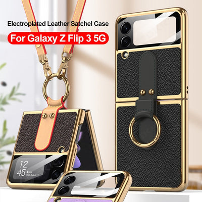 Luxury Leather Back Screen Tempered Glass Hard Frame Cover For Samsung Z Flip 3 5G With Lanyard