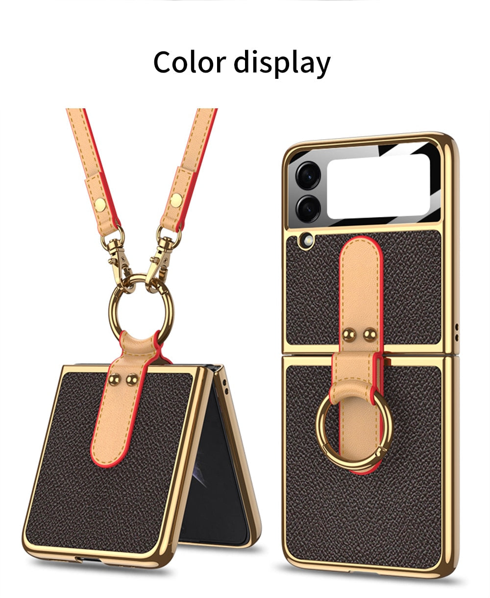 Luxury Leather Back Screen Tempered Glass Hard Frame Cover For Samsung Z Flip 3 5G With Lanyard