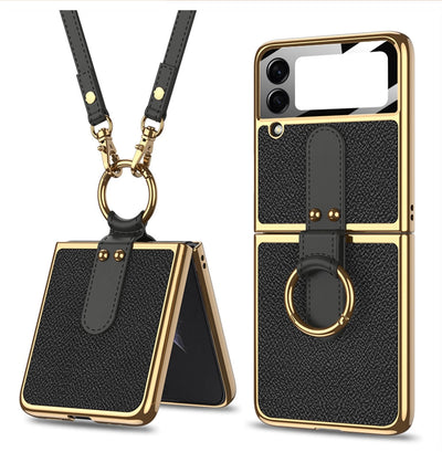 Luxury Leather Back Screen Tempered Glass Hard Frame Cover For Samsung Z Flip 3 5G With Lanyard