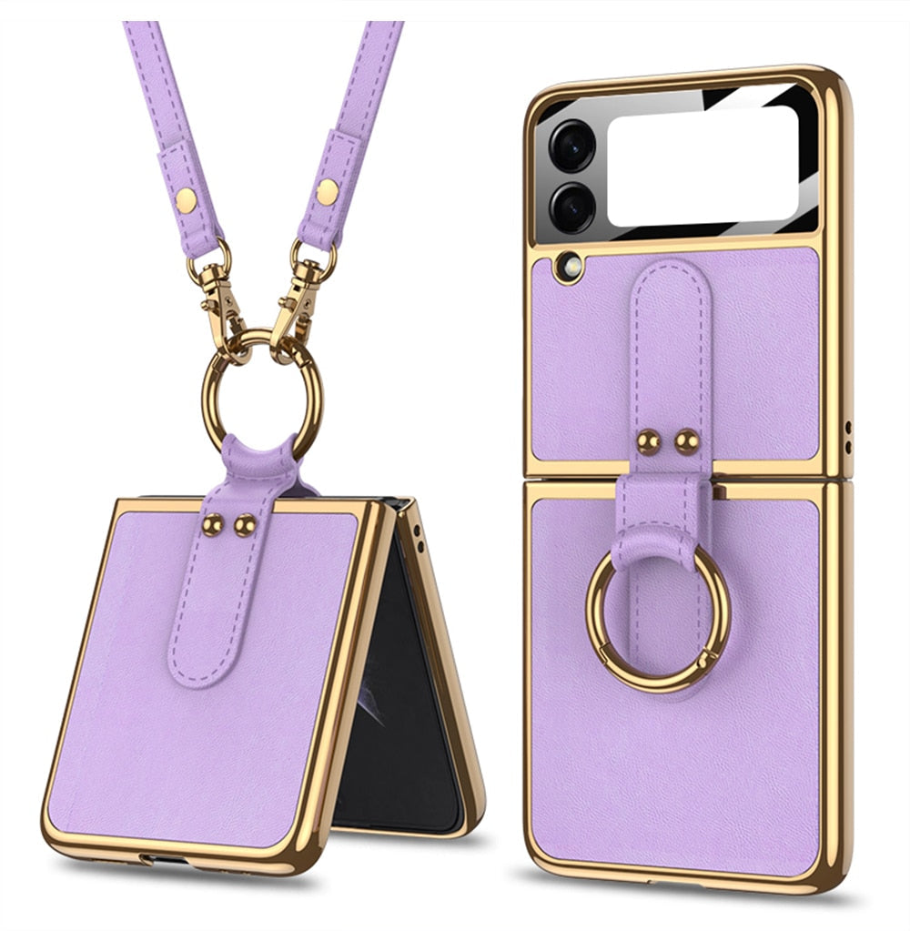 Luxury Leather Back Screen Tempered Glass Hard Frame Cover For Samsung Z Flip 3 5G With Lanyard