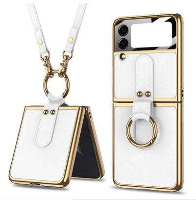 Luxury Leather Back Screen Tempered Glass Hard Frame Cover For Samsung Z Flip 3 5G With Lanyard