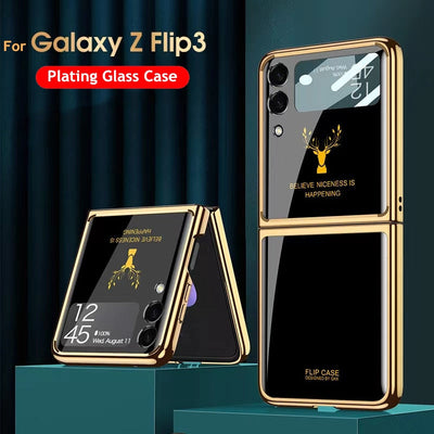 Luxury Deer Pattern Electroplating Tempered Glass Case For Samsung Z Flip 3 5G