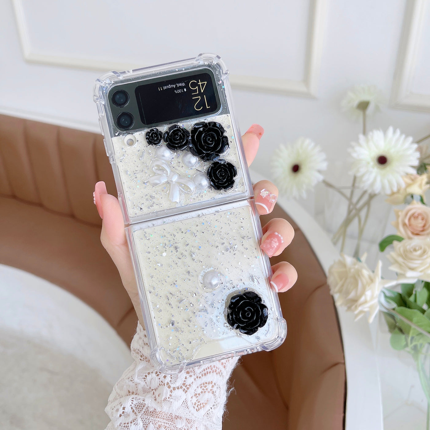 Transparent 3D Rose Glitter Case For Galaxy Z Flip3